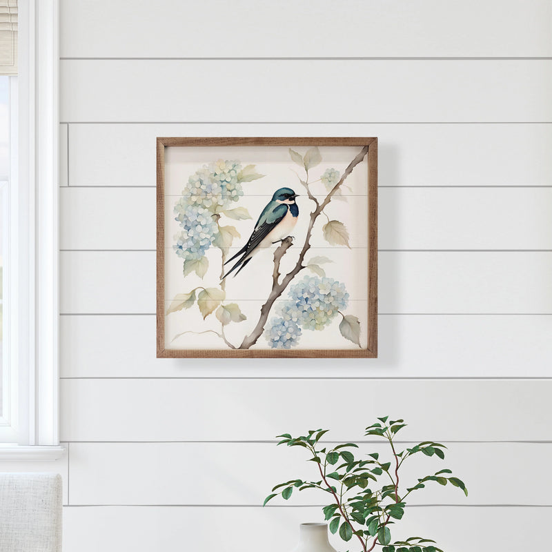 12x12 Barn Swallow on Hydrangea Framed Wall Decor
