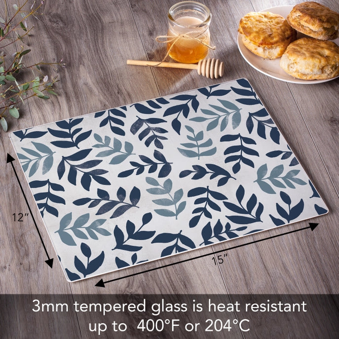 Blue Leaf Floral 15x12 Tempered Glass Cutting Board