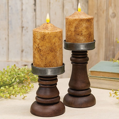 Walnut Stained Wood & Metal Pillar Candle Holder