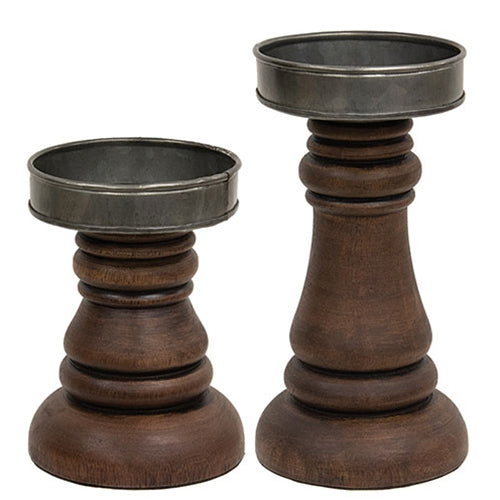 Walnut Stained Wood & Metal Pillar Candle Holder