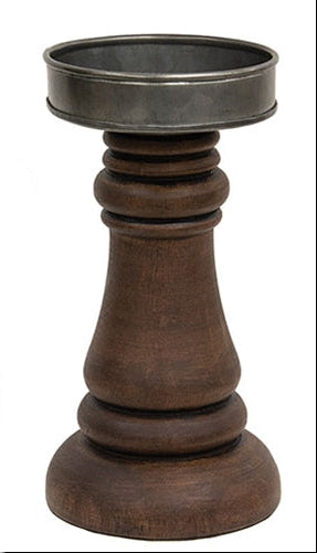 Walnut Stained Wood & Metal Pillar Candle Holder
