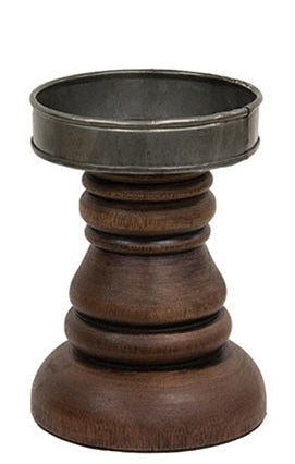 Walnut Stained Wood & Metal Pillar Candle Holder