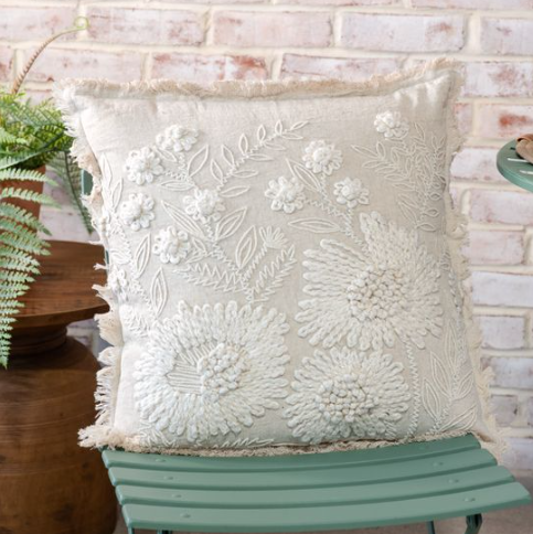 Stonewash Cream Embroidered Flower Pillow