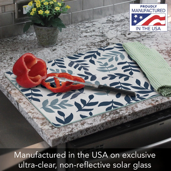 Blue Leaf Floral 15x12 Tempered Glass Cutting Board