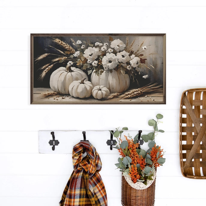Four White Pumpkin Bouquet Framed Wall Decor