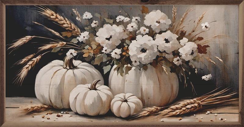 Four White Pumpkin Bouquet Framed Wall Decor