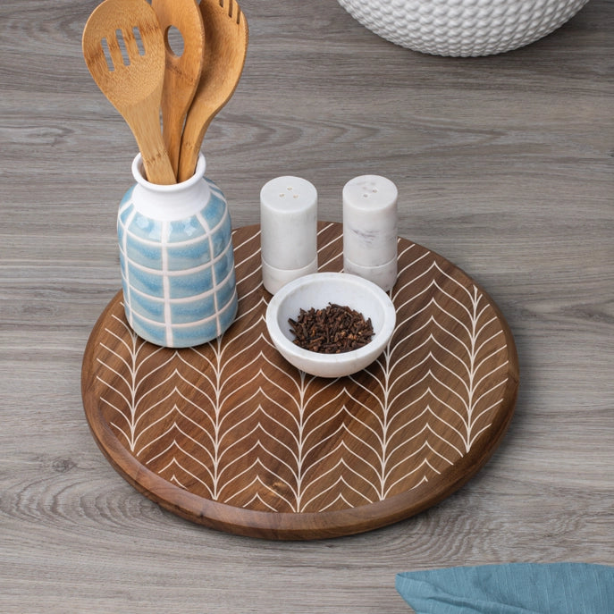 White Chevron Acacia Wood Lazy Susan