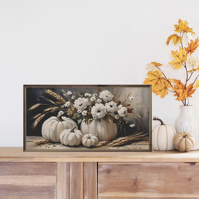 Four White Pumpkin Bouquet Framed Wall Decor